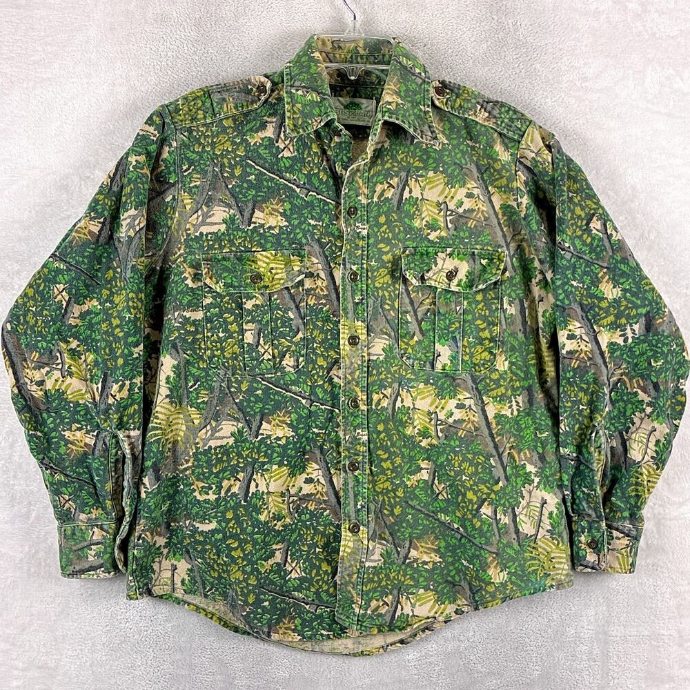 VTG Bushlan Shirt Mens L Green Camo Heavyweight Hunting Outdoors Texas 80s USA